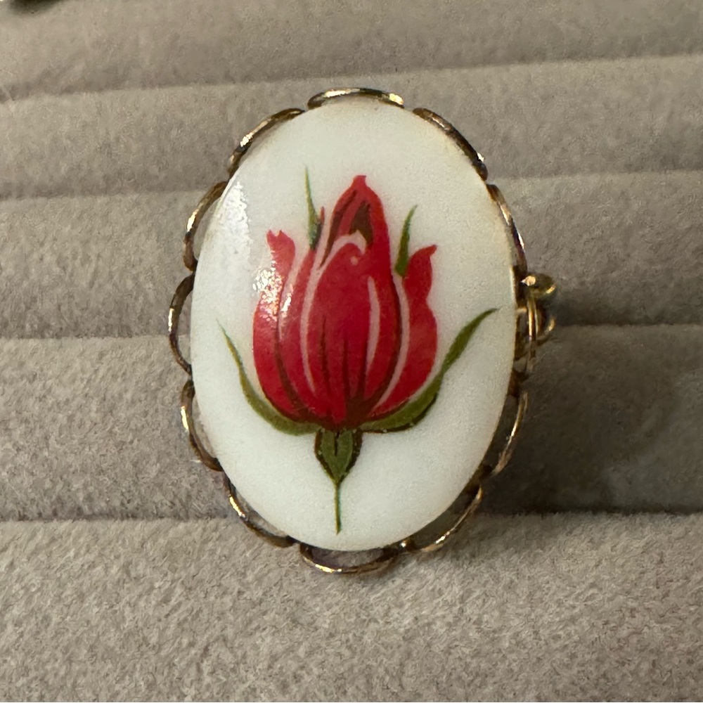 Vintage Hand Painted Ceramic Floral Ring, Gold Tone, Open Back